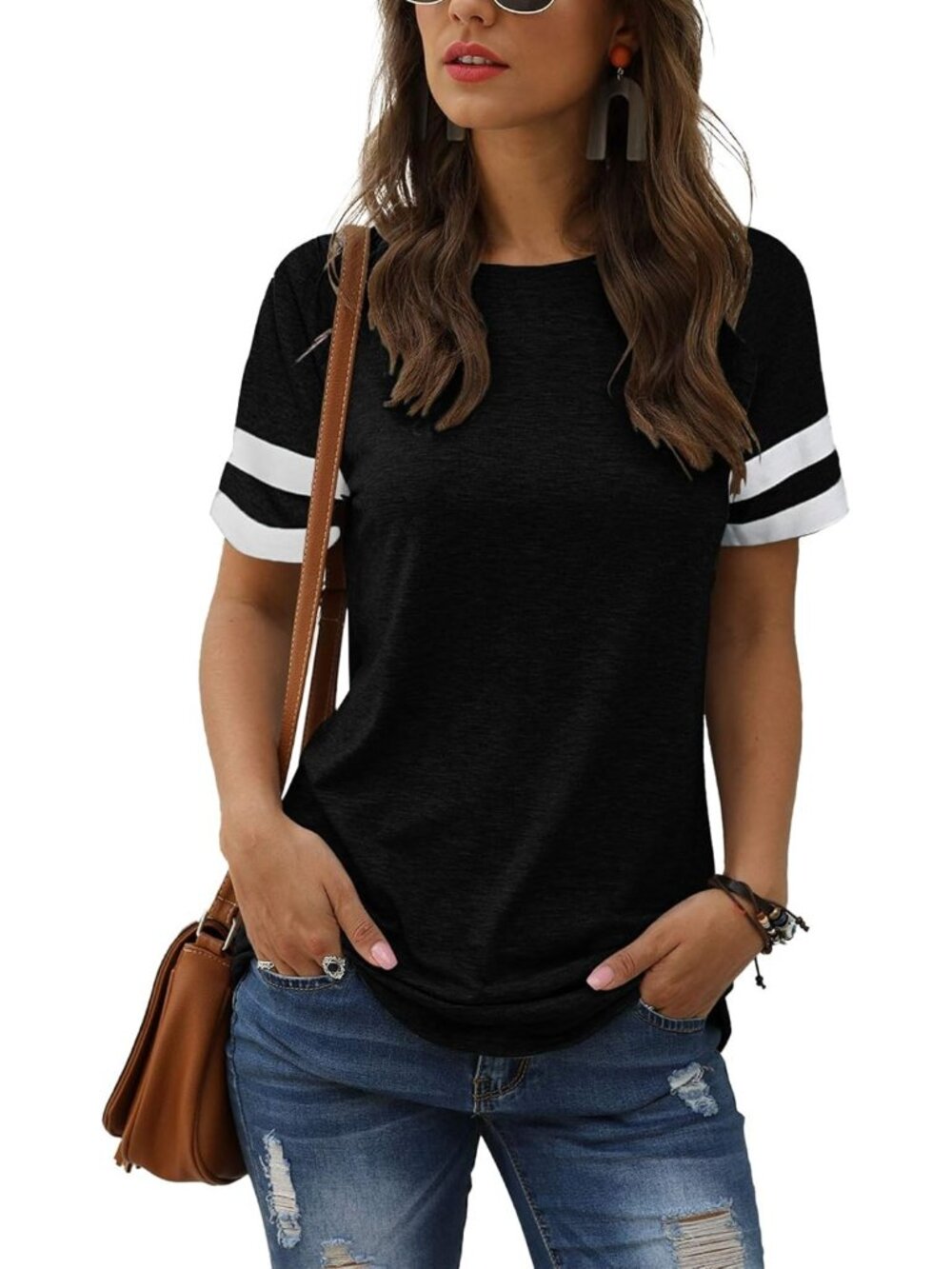 Women's Black 1 Summer Casual Shirts Short Sleeve Striped Tunic Tops Blouses